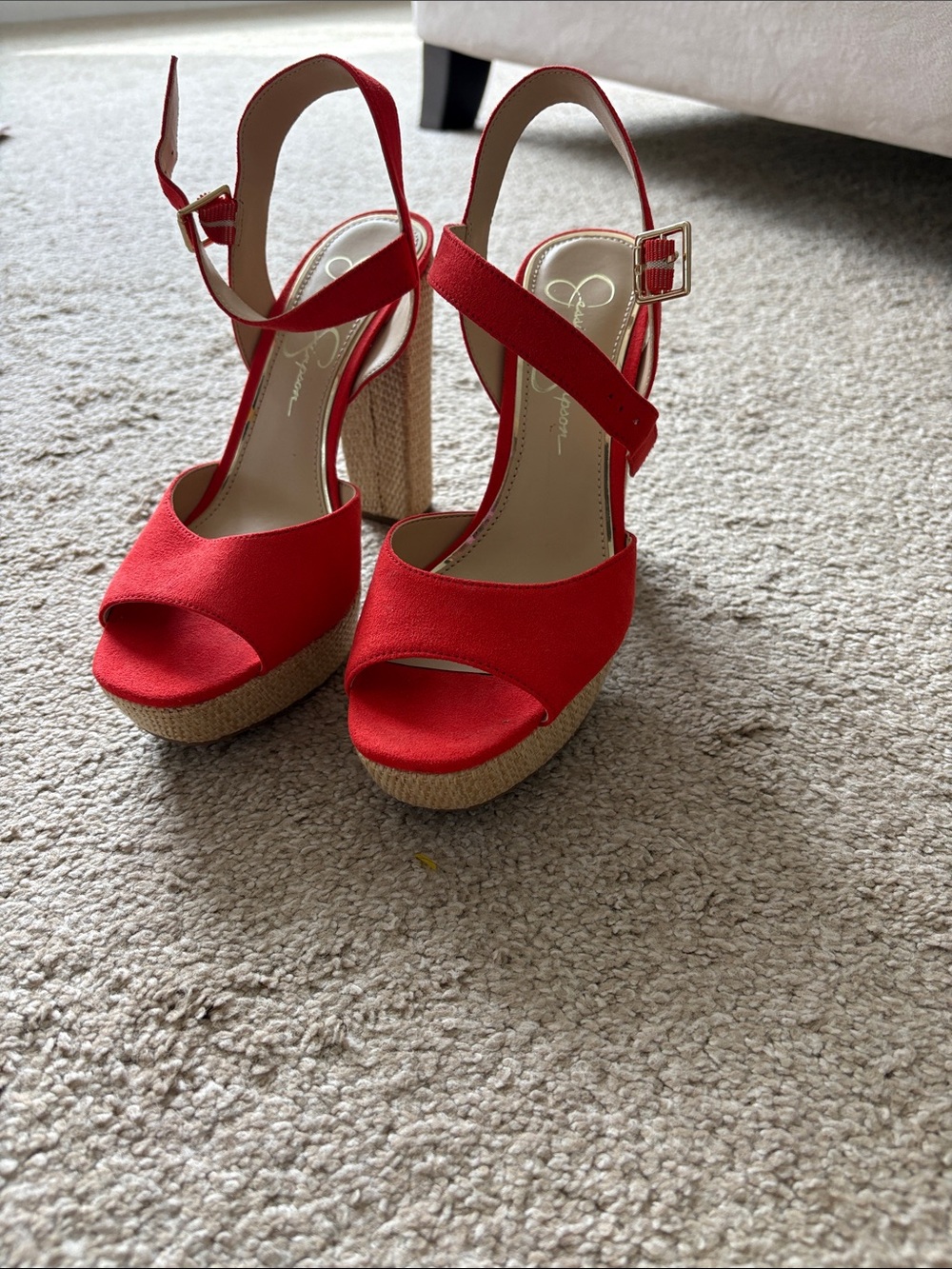 Jessica Simpson Red Platform Peep-Toe Sandals with Woven Platform
